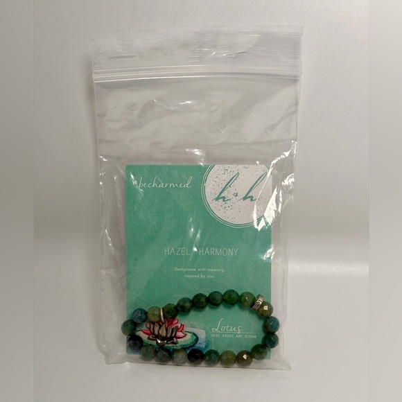 Moss Agate & Pewter Lotus Charm Stretch Bracelet NIP - Hazel and Harmony - Picture 10 of 13